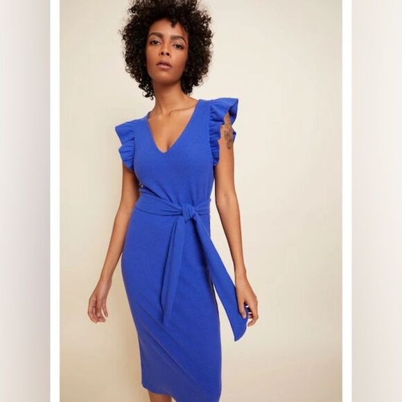 Nation LTD Oriana Ruffled Sash Dress Ribbed Midi Dress Royal Blue Suede NWT - Picture 2 of 14